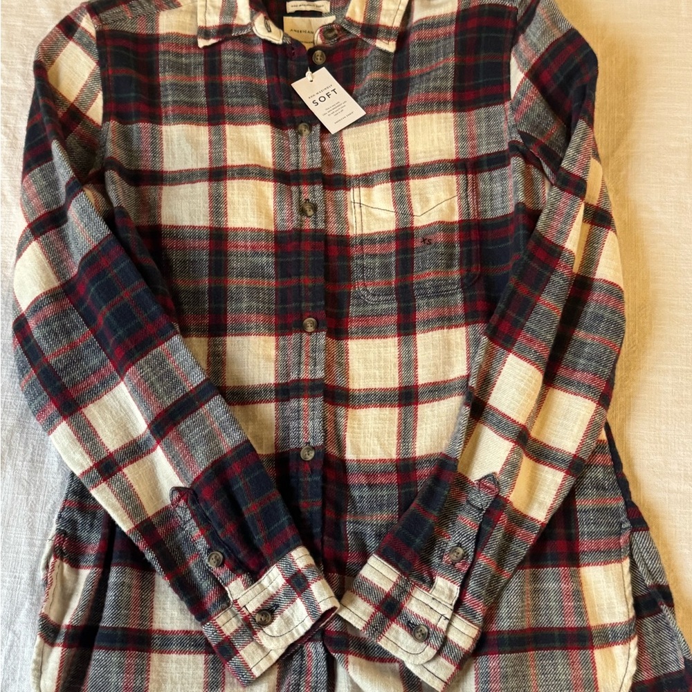 American Eagle Outfitters Checkered Button Down Shirt - Navy and Cream